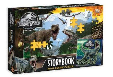 Jurassic World storybook with a 100-piece jigsaw puzzle featuring colorful dinosaur illustrations and educational facts.