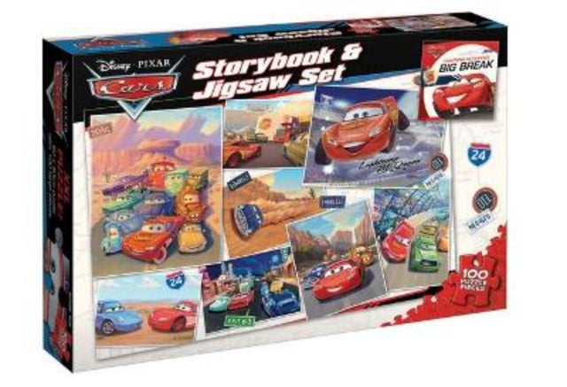 Disney-Pixar Cars storybook and jigsaw puzzle set featuring Lightning McQueen and vibrant character images for kids.