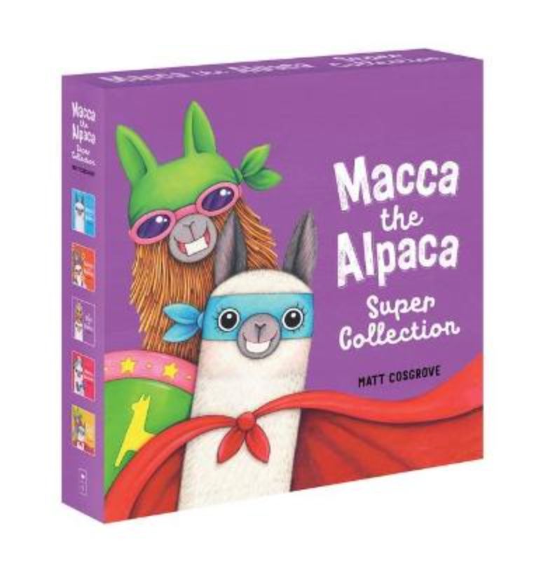 Boxed set of the Macca the Alpaca Super Collection featuring five illustrated children's stories about friendship and adventure.