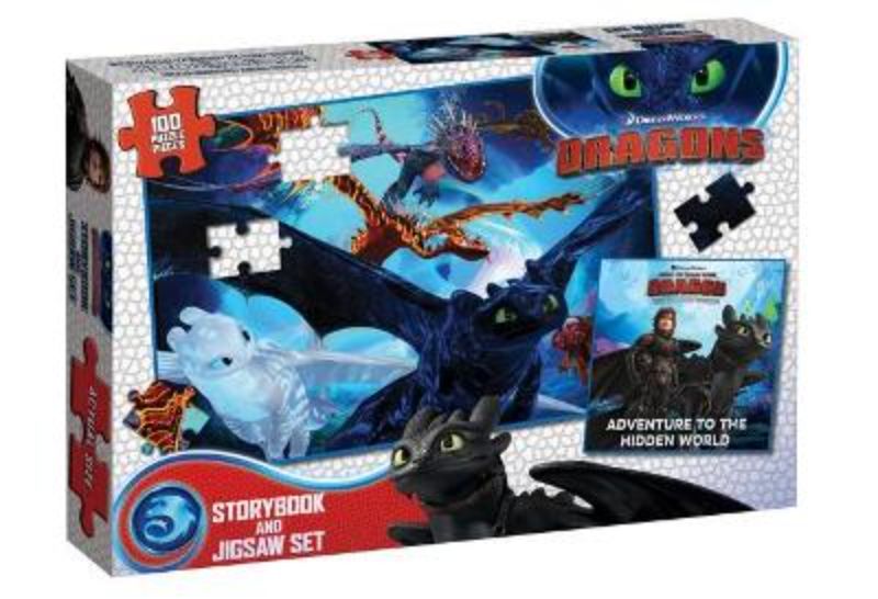 Dragons: Storybook and Jigsaw Set featuring Hiccup, Toothless, and a vibrant 40-piece puzzle for creative fun.