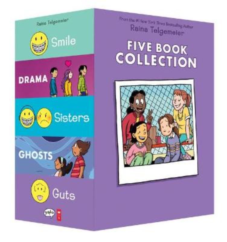 Raina Telgemeier 5 Book Collection featuring bestsellers: Smile, Sisters, Drama, Ghosts, and Guts in a vibrant boxed set.