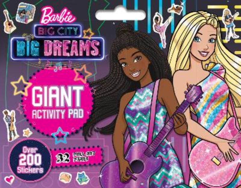 Giant activity pad featuring Barbie with 32 pages of fun activities and over 100 vibrant stickers for creative play.