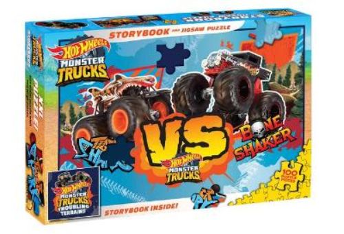 Exciting Hot Wheels Monster Trucks storybook with vibrant illustrations and an engaging jigsaw puzzle for young fans.