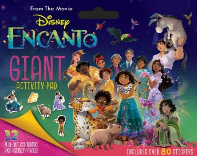 Giant Encanto activity pad featuring 32 oversized pages with puzzles, coloring, and over 80 colorful stickers for creative fun.