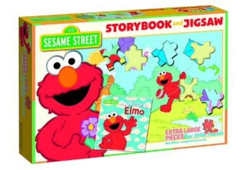 Sesame Street Storybook & Jigsaw set featuring Elmo, combines a 24-page book and 50-piece puzzle for preschool learning fun.