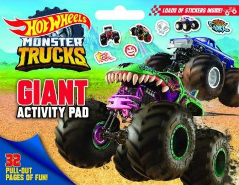 Giant activity pad with 30+ pages of coloring, puzzles, and stickers for Hot Wheels Monster Trucks fans, featuring a carry handle.