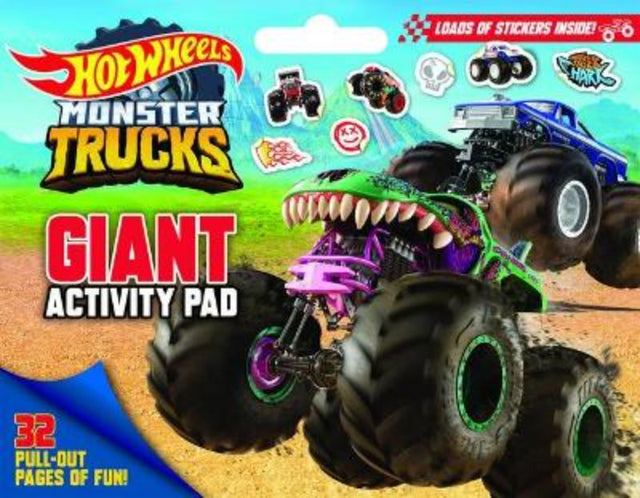 Giant activity pad with 30+ pages of coloring, puzzles, and stickers for Hot Wheels Monster Trucks fans, featuring a carry handle.