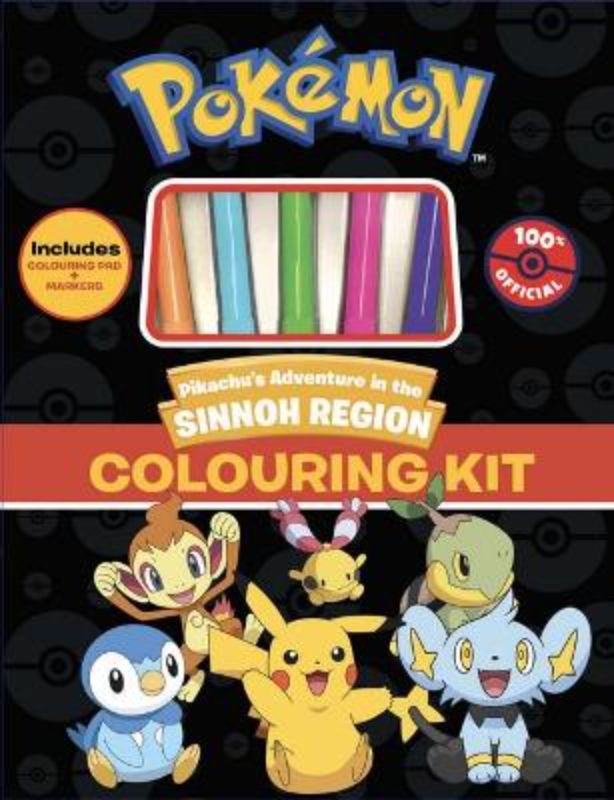 Colouring kit featuring 48 pages of Sinnoh region PokeMon illustrations for creative fun and imagination.