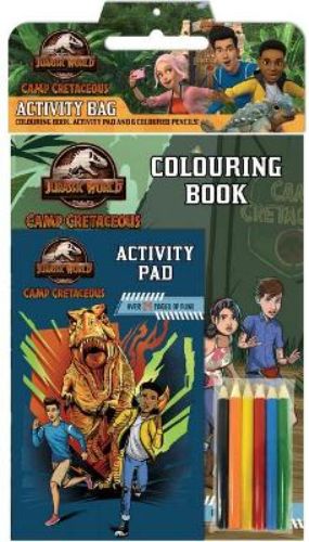 Jurassic World Camp Cretaceous Activity Bag with coloring book, puzzle pad, and pencils for young dinosaur fans.