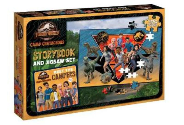 Jurassic World Camp Cretaceous set featuring a storybook and jigsaw puzzle for adventurous young dinosaur fans.