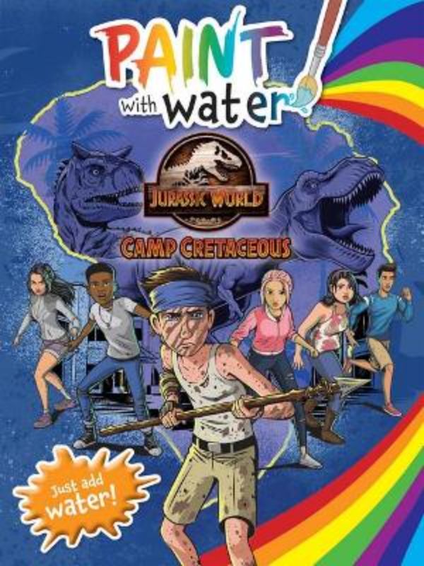 Activity book featuring Jurassic World Camp Cretaceous characters for creative painting with printed water palettes.