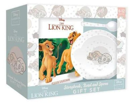 Colorful Lion King storybook alongside a vibrant bowl and spoon, perfect for young fans of Simba's adventure.