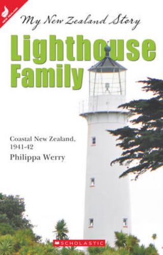 Paperback book cover of 'Lighthouse Family: Coastal New Zealand 1941-42' featuring a lighthouse and war themes.