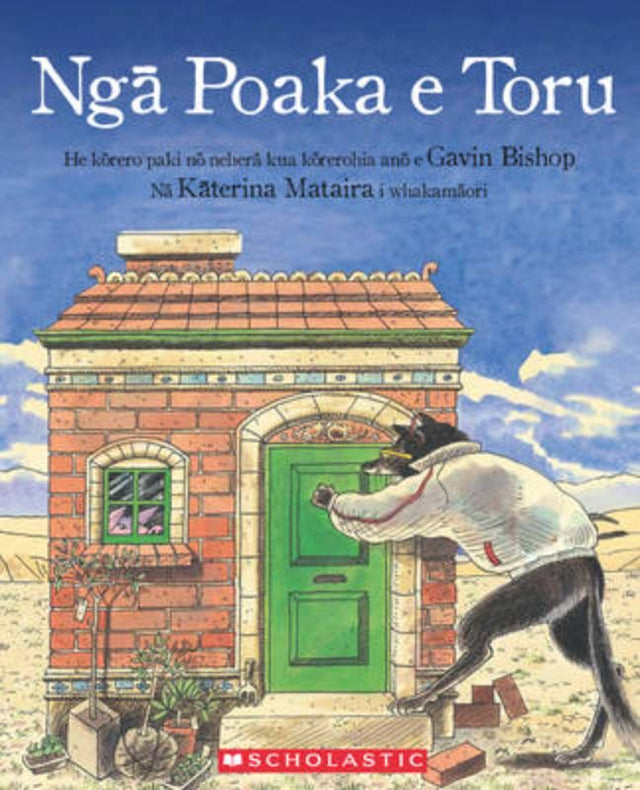 Colorful illustrated cover of 'Nga Poaka e Toru', depicting three pigs and the big bad wolf for children’s adventures.