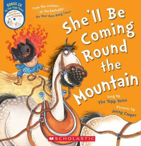 Illustrated children's book 'She'll be Coming Round the Mountain' with a CD, featuring a girl and farm animals in vivid scenes.