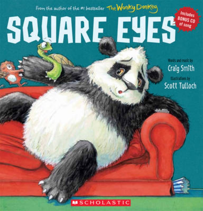 Children's book 'Square Eyes + CD' featuring a panda that promotes outdoor play with engaging stories and songs.