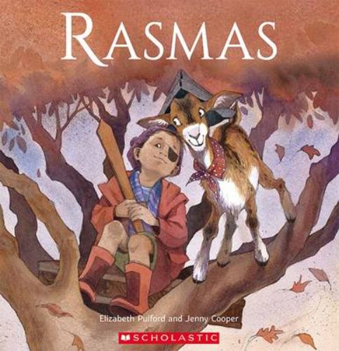 Illustrated cover of 'Ko Rama', showcasing Danny and his goat Rasmas on Gran's farm, emphasizing friendship and adventure.