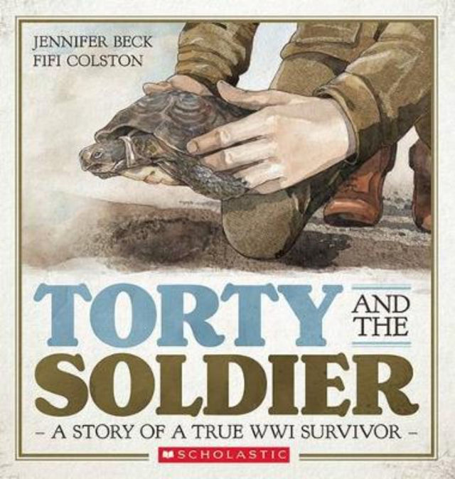 Cover of 'Torty and the Soldier', a children's book about a brave tortoise and a Kiwi soldier's tale of courage.