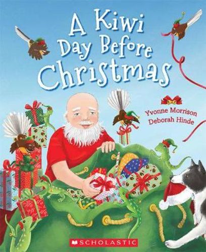 Colorful cover of 'A Kiwi Day Before Christmas', featuring Santa fishing with playful sheep and festive scenes.