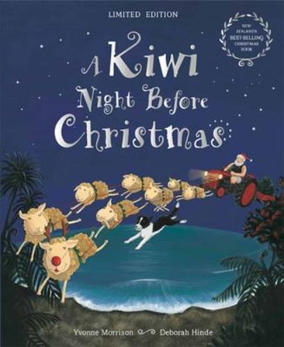 A charming children's book featuring Santa in shorts on a tractor pulled by flying sheep for a Kiwi Christmas adventure.