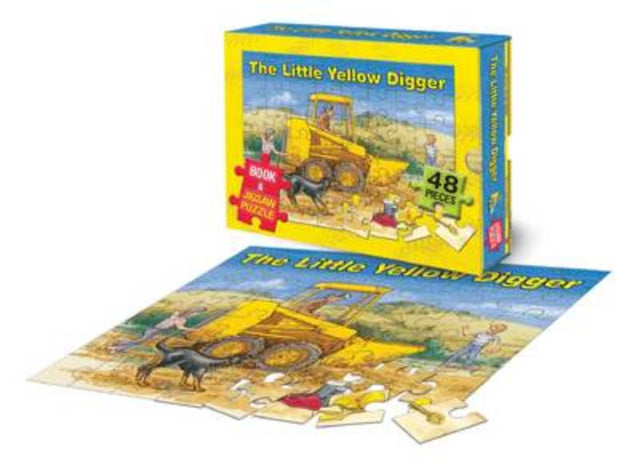 Colorful boxed set featuring 'The Little Yellow Digger' book and vibrant jigsaw puzzle for preschoolers.