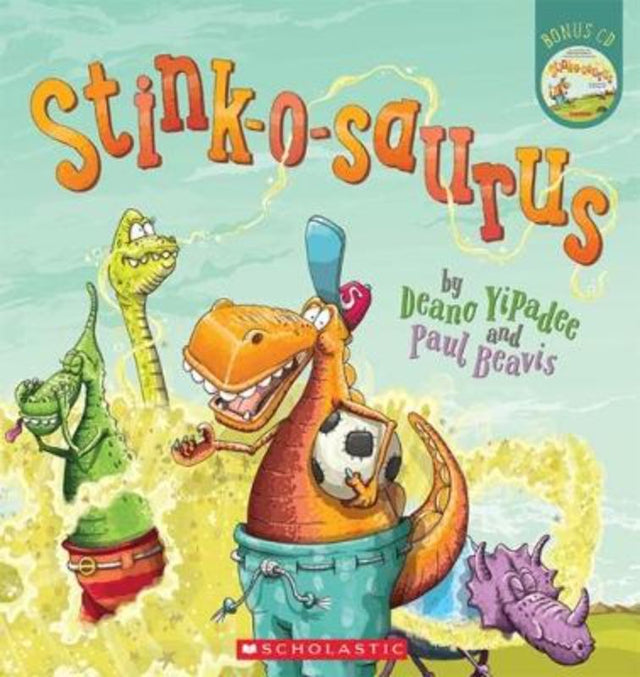 A colorful children's book titled 'Stink-o-saurus' featuring a humorous dinosaur and a CD for an interactive reading experience.