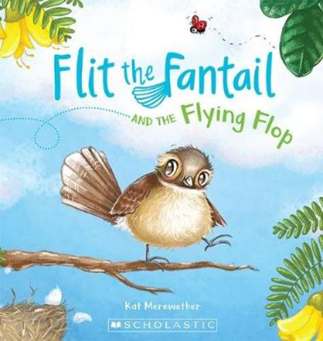 Flit the Fantail in a colorful illustration, embarking on an adventurous journey with his feathered friends.