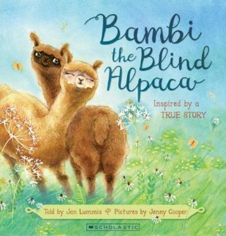 Illustrated cover of 'Bambi the Blind Alpaca', showcasing Bambi and his journey of courage and friendship in New Zealand.