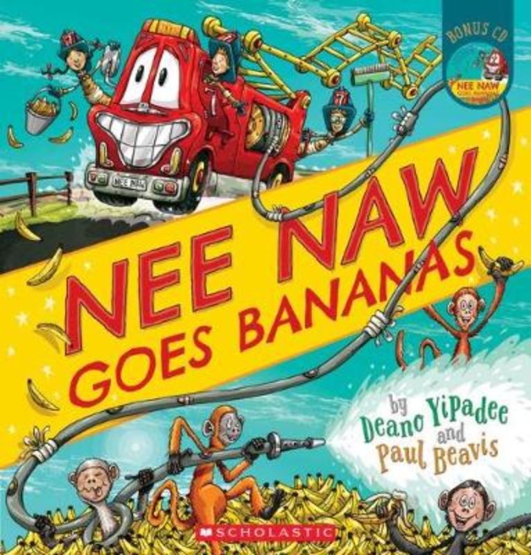 Colorful cover of 'Nee Naw Goes Bananas', a children's book featuring a fire engine and playful monkeys.