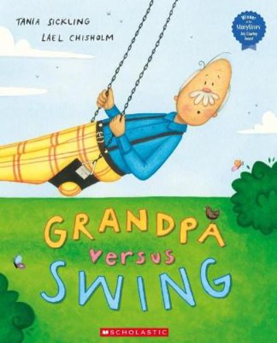 A cheerful children's book cover featuring Grandpa stuck on a swing, promising laughter and adventure for young readers.