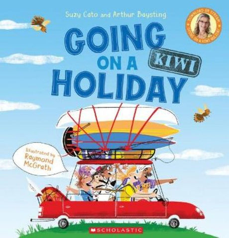 Colorful cover of 'Going on a Kiwi Holiday,' a children's book featuring family adventures and Kiwi culture.