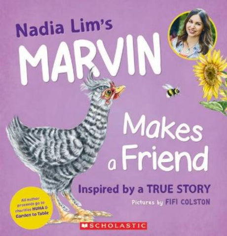 Illustrated cover of 'Marvin Makes a Friend', featuring Marvin the chick on a farm, seeking friendship with other animals.