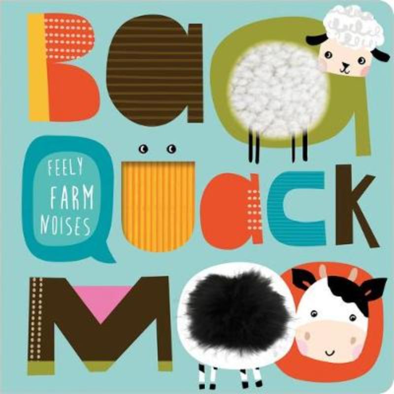 Bright hardback book 'Baa Quack Moo' features touch-and-feel letters to engage toddlers with fun animal sounds.