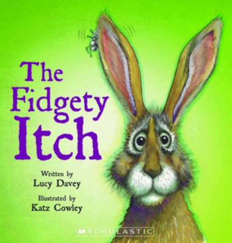 Children's picture book 'Fidgety Itch' showing Timpkin and friends learning teamwork through humorous illustrations.