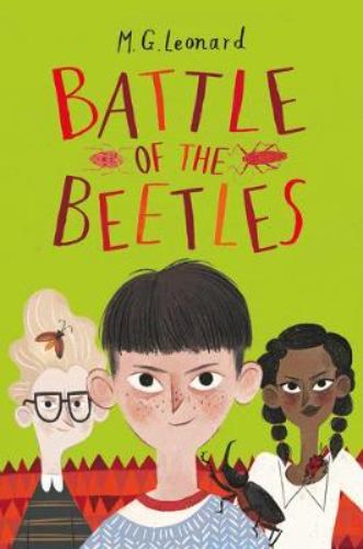 'Battle of the Beetles' novel cover featuring Darkus and friends on an adventure against Lucretia Cutter in the Amazon.