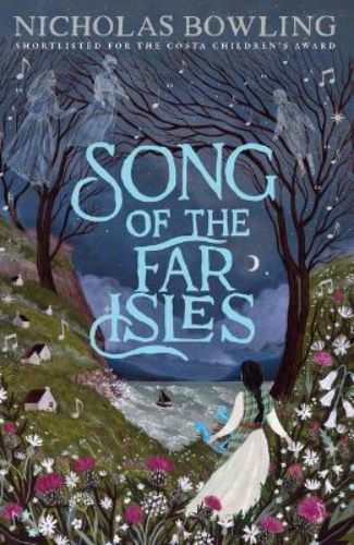 Cover of 'Song of the Far Isles' featuring a vibrant illustration of Oran and Alick on a musical adventure, surrounded by mystical elements.