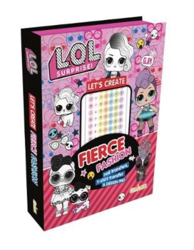 L.O.L. Surprise! Fierce Fashion kit with 64 pages, stickers, and transfers for creative design and coloring fun.