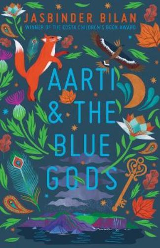 Aarti & the Blue Gods paperback featuring themes of identity and magical realism in an enchanting remote island setting.