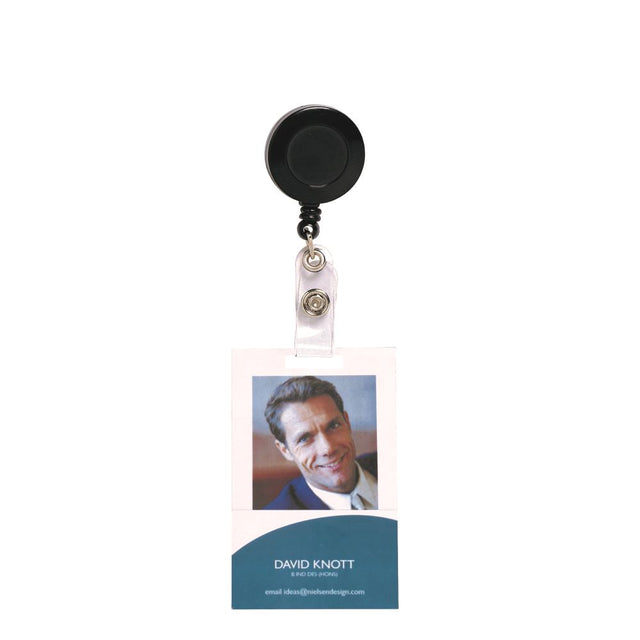 Black Rexel ID retractable card holder with strap, extending up to 75cm for easy access to ID badges.