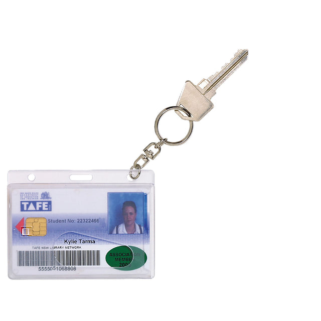 Rexel Id Fuel Rigid Card Holder 10-pack with key ring, designed for secure storage of ID cards in various orientations.