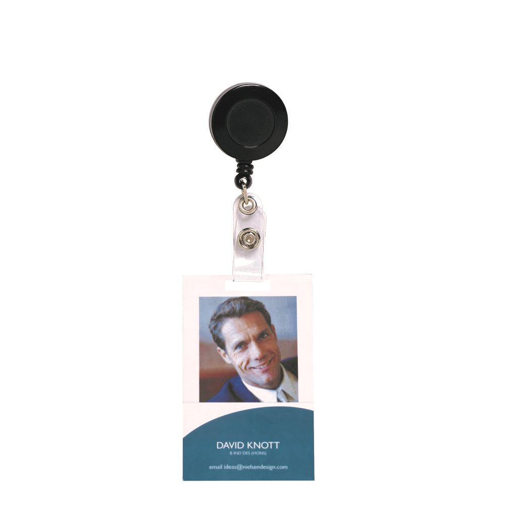 Rexel ID retractable card holder in black, featuring a nylon cord for easy badge access and secure attachment to clothing.