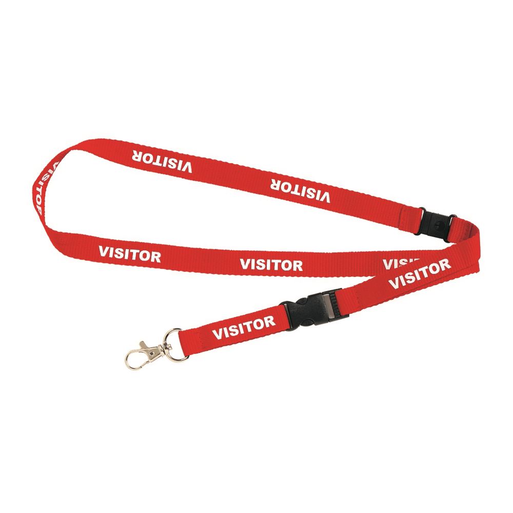 Rexel Id pre-printed visitor lanyards featuring bold 'Visitor' and 'Staff' IDs with safety breakaway mechanism in a 5-pack.