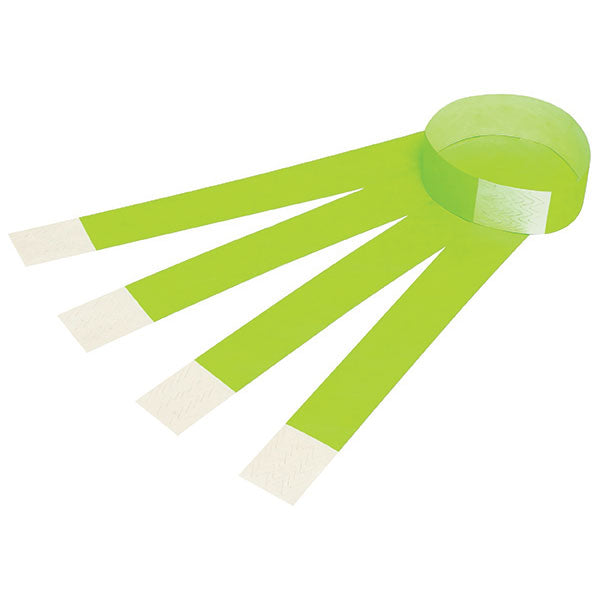 Pack of 100 Rexel fluorescent green wristbands, waterproof and adjustable, ideal for secure crowd management events.