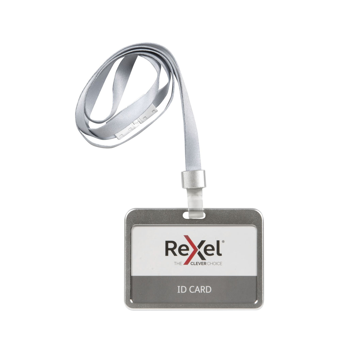 Pack of 10 sleek aluminium ID card holders with lanyards, featuring double-sided display and rounded edges.