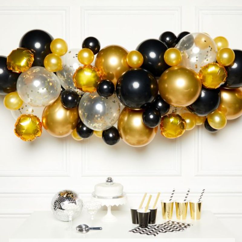 Black, gold, and silver balloon garland kit with 66 balloons for elegant party decorations, complete with tape and glue dots.