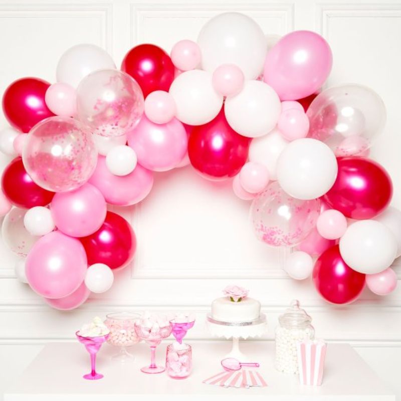 Pink balloon garland kit featuring 70 latex balloons in various sizes, ideal for birthdays and celebrations.