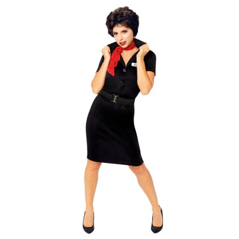 Costume Grease Rizzo for women, size 12-14, featuring a chic dress, belt, and neck scarf for a bold, nostalgic look.