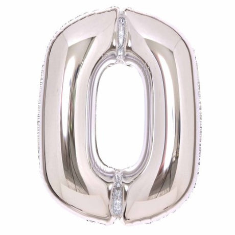 Large silver foil balloon shaped as number 0, 64cm wide and 90cm high, ideal for celebrations and party decor.