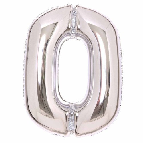 Large silver foil balloon shaped as number 0, 64cm wide and 90cm high, ideal for celebrations and party decor.