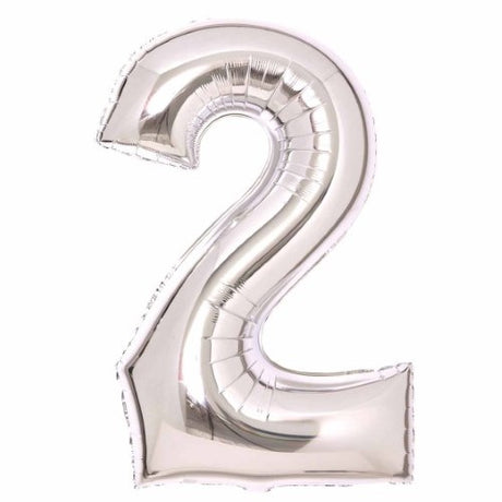 Large silver foil number 2 balloon, 55cm wide and 86cm high, perfect for birthday and milestone celebrations.